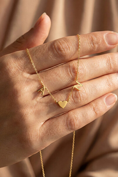 neshely jewelry 925 Ayar Gümüş Kişiye Özel 2 Harfli 14 Ayar Altın Kaplama Gold Rengi Kalpli Gümüş Kolye