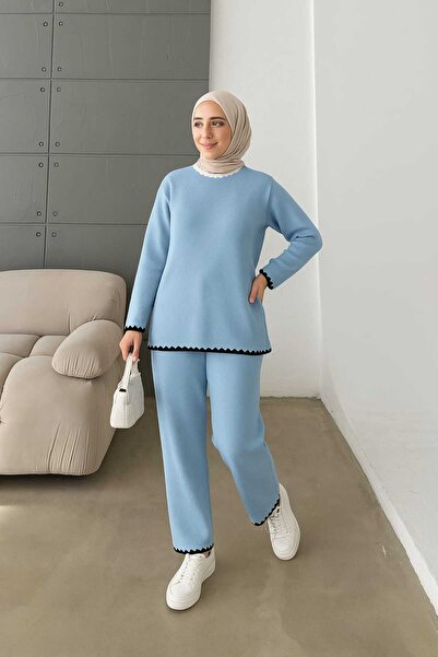 MAY MARA Women's 2-Piece Tricot Suit with Bluzlu Pantalon (Tri-Cloth Pants) with Cowboy Stitch Detail on the Neck and Sleeves