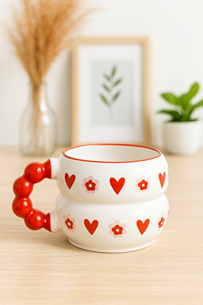 İZart Bead Handle Special Design Ceramic Mug with Heart and Daisy Inside, Completely Handmade