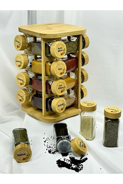 aden glass Bambu Stantlı 360 Derece Dönen 16'lı Cam Baharatlık Takımı