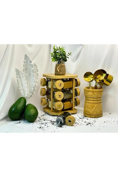 aden glass Bambu Stantlı 360 Derece Dönen 12'li Cam Baharatlık Takımı