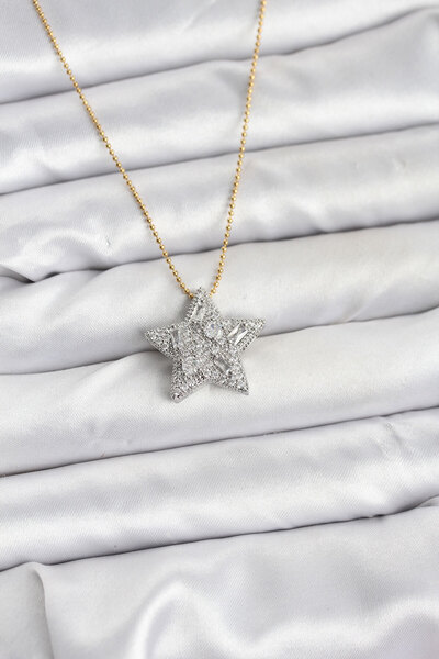 Skygo 316L Çelik Zincir Gold Renk Zincirli Gümüş Yıldız Model Kadın Kolye - T...