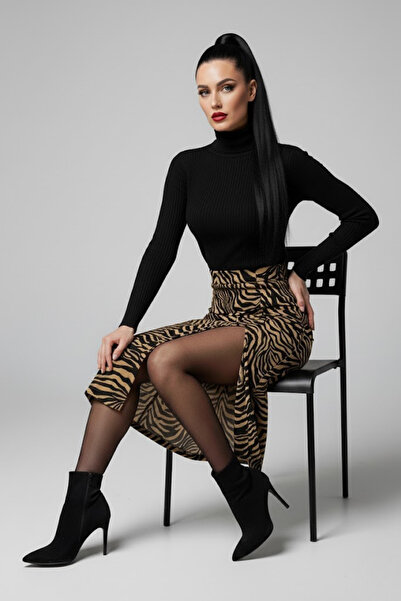 buğrahayalin Women's Slit Brown Zebra Pattern Midi Length Skirt