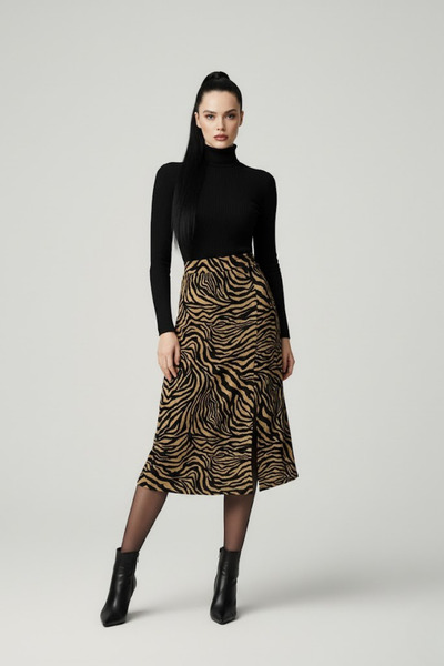 buğrahayalin Women's Slit Brown Zebra Pattern Midi Length Skirt