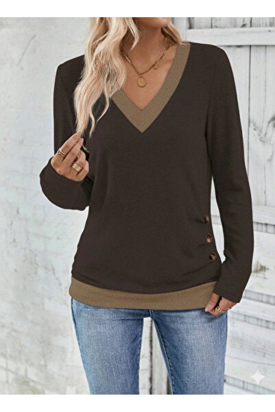 BALCI Γυναικεία μακρυμάνικη μπλούζα με λαιμόκοψη σε σχήμα V με κουμπιά στο πλ...