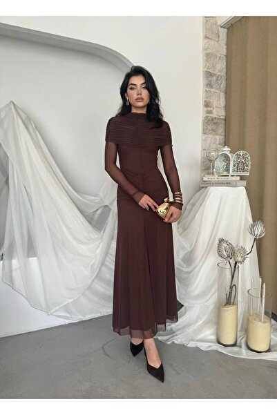 ETİKAFASHION Üst Drapeli Kapalı Yaka Uzun Elbise