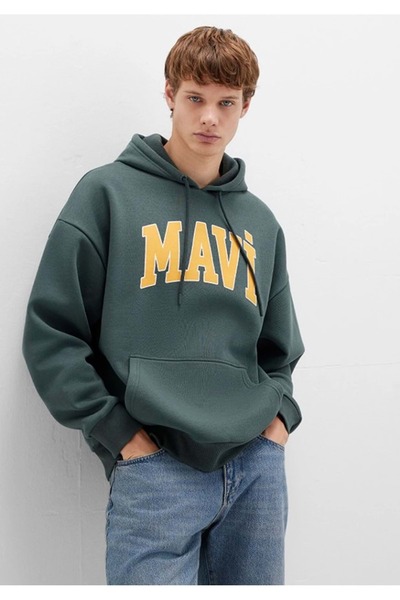 Mavi 067149 Logo Printed Men's Hooded Sweatshirt Green