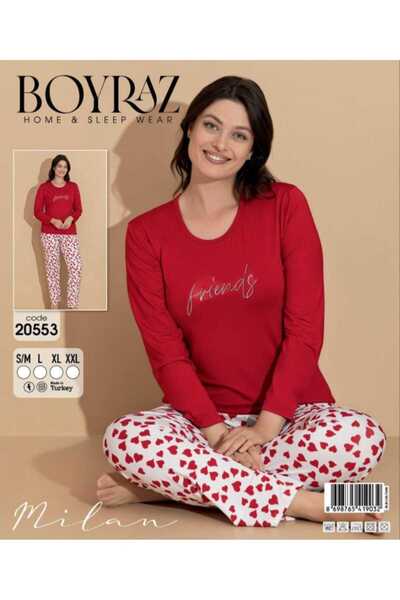 POYRAZ KIRMIZI KALPLİ DESEN KADIN PİJAMA TAKIMI