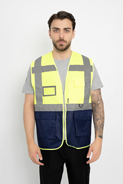 DAŞ ÜNİFORMA High-Visibility Safety Vest with Name Tag, Zipper Pocket (Engineer Type Thick), Dual Color Navy Blue-Yellow