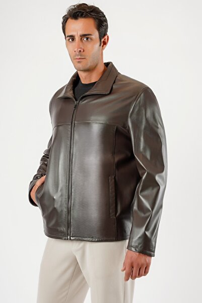 Leather Club Koyu Bej Hakiki Deri Ceket