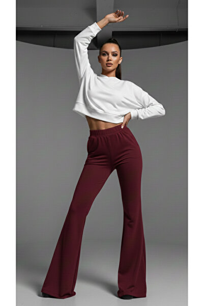 BEKA Kadın Esnek Modal Kumaş Yüksek Bel İspanyol Paça Eşofman Bordo