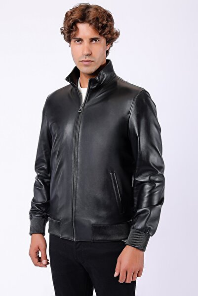 Leather Club Siyah Kolej Hakiki Deri Ceket