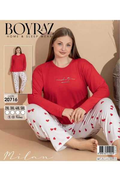 POYRAZ BOYRAZ KADIN MİLAN KIRMIZI KALPLİ DESENLİ BATTAL PİJAMA TAKIMI