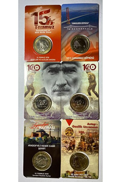 emir koleksiyon coin & paper collection 6 'lı Hatıra 1 Lira Para Kiti Seti, Ayasofya, Antep, Çanakkale, 15 Temmuz, 2'li Büyük Taarruz Çil
