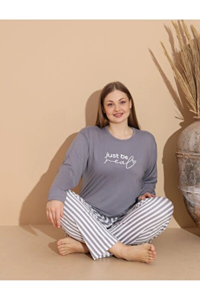 POYRAZ BOYRAZ KADIN MİLAN GRİ ÇİZGİLİ DESENLİ BATTAL PİJAMA TAKIMI