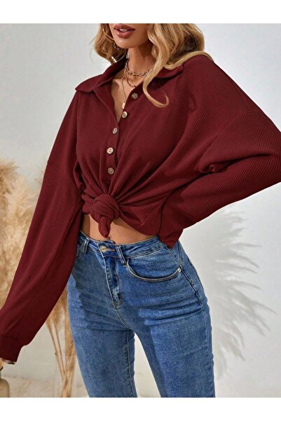 JANES Women's Long Sleeve Collared Buttoned Loose Waffle Blouse