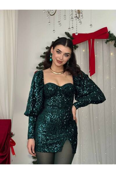 ETİKAFASHION Balon Kol Payetli Mini Elbise