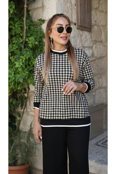 buğrahayalin Women's Long Sleeve Crew Neck Houndstooth Pattern Two Thread Blouse and Viscose Two Thread Pant