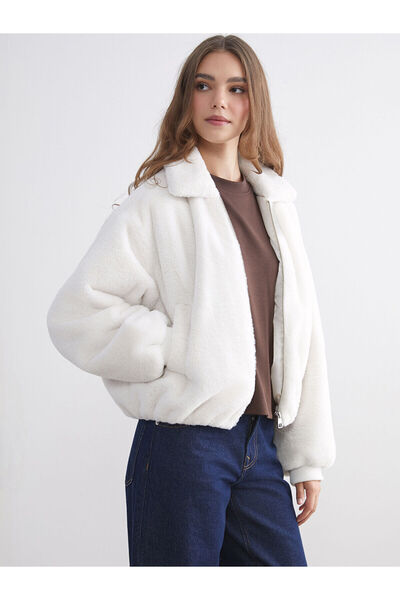 LC Waikiki Lcw Modest Ecru Shirt Collar Oversized Women's Plush Coat