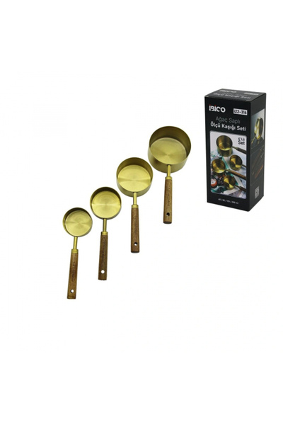 Go İthalat 4 Pcs Gold Metal Measuring Spoon Set Authentic Wooden Handle 250ml...