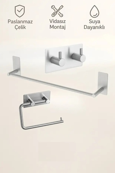 bulut art 3'lü Set (Paslanmaz Çelik Yapışkanlı Havlu Askılığı, Tuvalet Kağıtl...