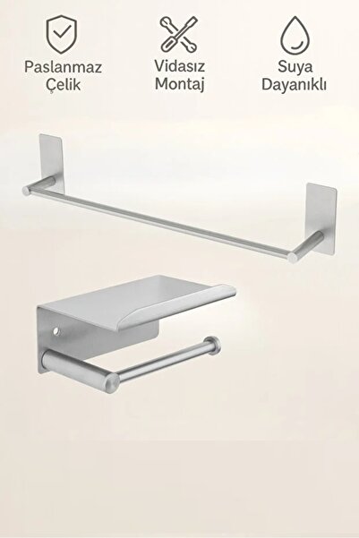 bulut art 2'li Paslanmaz Çelik Yapışkanlı Havlu Askılığı ve Tuvalet Kağıtlığı...