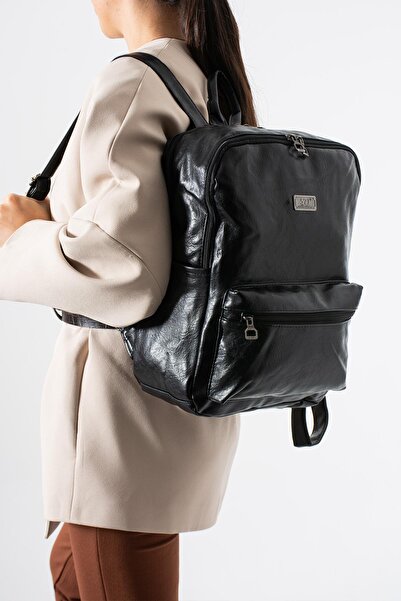 571 Collections Çanta Faux Leather Washed Backpack (Polyurethane) Black Model:(571-14-16g)