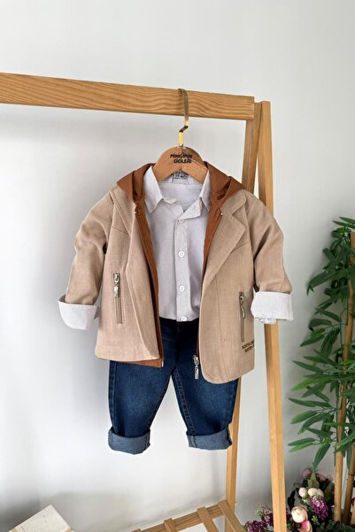 Minigimin Cicileri My Little One's Cicileri Hooded Vest Set Jacketed Shirt Jean 4-Piece Boy's Combination - Camel