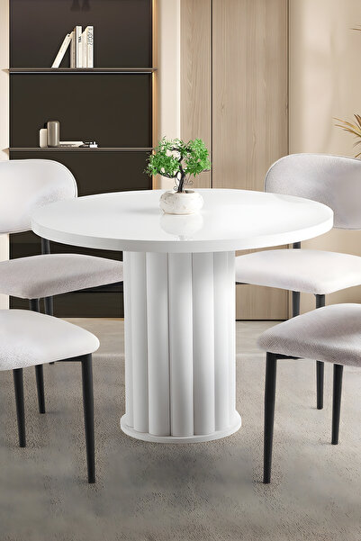 Liya Sare Yemek Masası Ahşap Salon Yemek Masası Bohem Mutfak Yuvarlak 4 Kişilik Beyaz 100 Cm Çap Beyaz