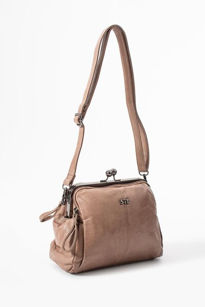 H&D COLLECTİON Washed Leather Clip-On Zippered 3 Compartment Scholarship Shoulder Bag Mink Model:(571-13t)