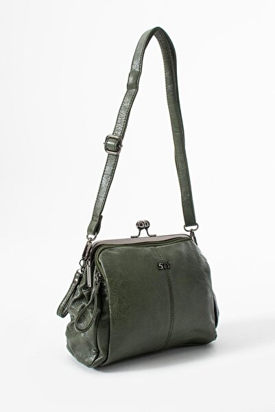 H&D COLLECTİON Washed Leather Clip-On Zippered 3-Compartment Scholarship Shoulder Bag Khaki Model: (571-13t)