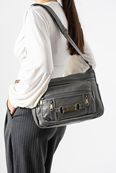 H&D COLLECTİON Washed Leather Crossbody Shoulder Bag Polyurethane Leather Gray Model:(571-14-16F)