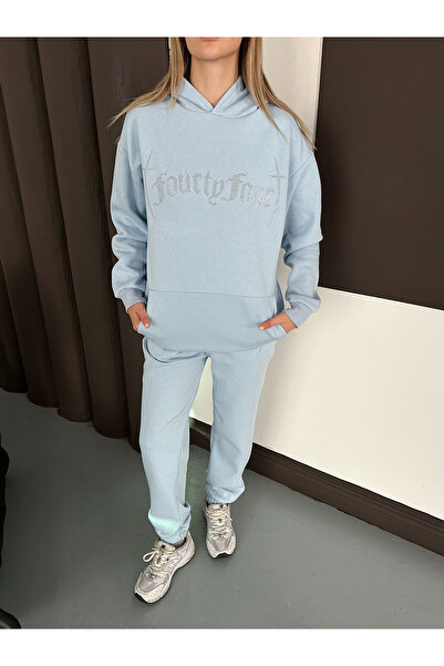 OTAKU Unisex Oversize Stone Embroidered Hooded Sweatshirt Set