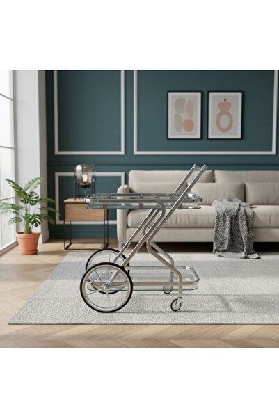 Al Hadaya Mall عربة تقديم أنيقة من الفولاذ المقاوم للصدأ ذات طبقتين - 84x68x3...