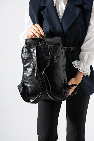 571 Collections Çanta Faux Leather Washed Backpack (Polyurethane) Black Model:(571-14-16I)