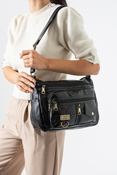 571 Collections Çanta Washed Leather Crossbody Shoulder Bag Polyurethane Leather Black Model:(571-14-16A)