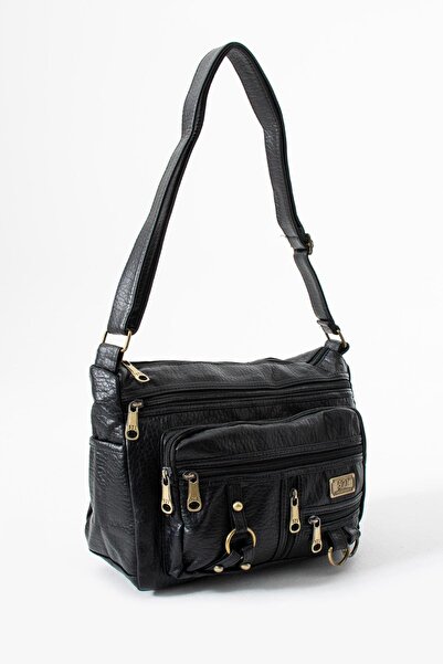 571 Collections Çanta Washed Leather Crossbody Shoulder Bag Polyurethane Leather Black Model:(571-14-16B)