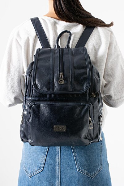 Çanta Trend Faux Leather Washed Backpack (Polyurethane) Navy Blue Model: (571-14-16J)