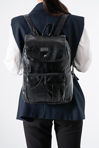 571 Collections Çanta Faux Leather Washed Backpack (Polyurethane) Black Model:(571-14-16I)