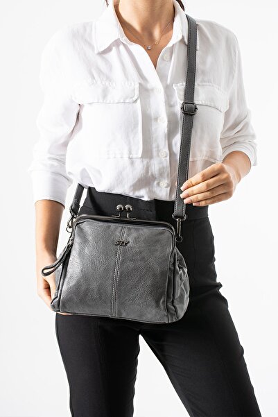 H&D COLLECTİON Washed Leather Clip-On Zippered 3-Compartment Scholarship Shoulder Bag Gray Model:(571-13t)