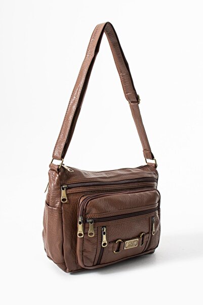 H&D COLLECTİON Washed Leather Crossbody Shoulder Bag Polyurethane Leather Tan Model:(571-14-16F)