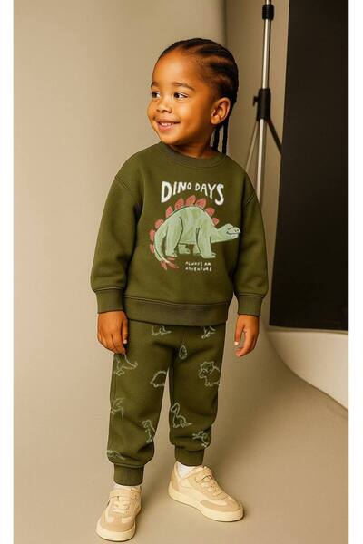 NOBLEKIDS Dinosaur Printed Fleece-Lined Brushed Cotton Kids Set – Sweatshirt & Jogger Bottom, Ages 2–8