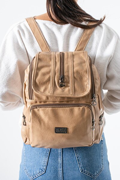 Çanta Trend Faux Leather Washed Backpack (Polyurethane) Beige Model:(571-14-16J)
