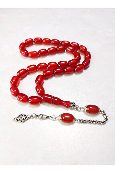 ŞAHBEY TESBİH سبحة من العنبر المقطوع على شكل كبسولة مقاس 9×12 ملم مع شراشيب