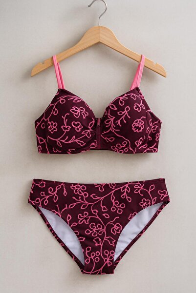 RAPAPA Bordo Çiçek Desenli Kadın Bikini Takımı – Destekli Üst, Şık Tasarım 11...