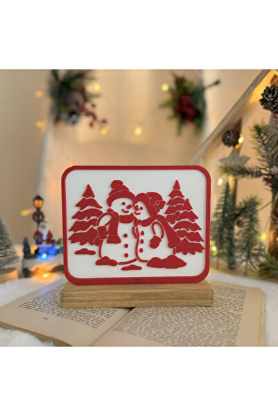 DECORADI Χριστουγεννιάτικη Διακόσμηση, Χιονάνθρωποι, Ξύλινη Βάση, Λευκό/Κόκκι...