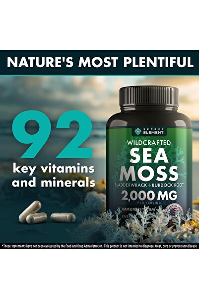 Secret Element Organic Sea Moss Capsules - Burdock Root, Irish Moss & Bladderwrack - 120 Capsules