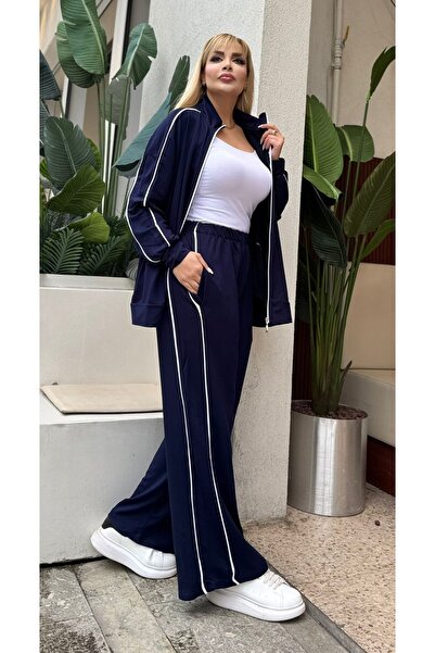 Butik Nilyam Women's Plus Size Double Piped Detail Stretch Fabric Cardigan Tracksuit Set 25080