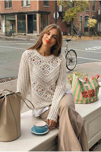 FEMELLE Γυναικείο πουλόβερ με κέντημα με λουλούδια σε μπεζ χρώμα A δαντελωτή πλέξη Βαμβακερό πλεκτό πουλόβερ Τυπικό μέγεθος