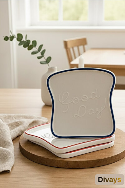 DİVAYS Set of 4 Ceramic Toast Shaped Breakfast Plates |   Bread Slice Presentation Plate